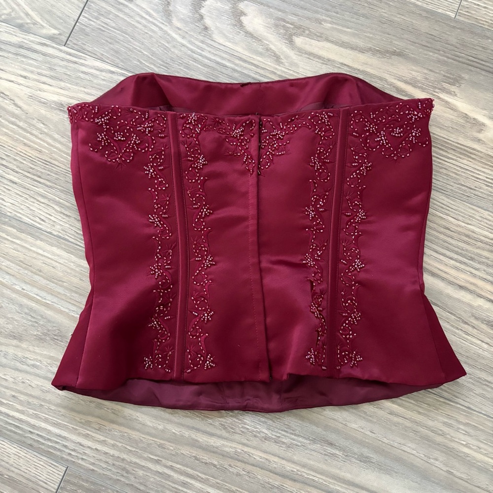 Satin Beaded Matching Set Maxi Dress Burgundy Corset Embellished Vintage Sz xs - Picture 4 of 7